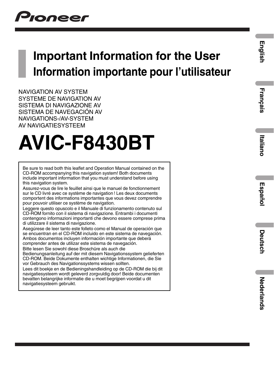 Pioneer AVIC-F8430BT User Manual | 104 pages