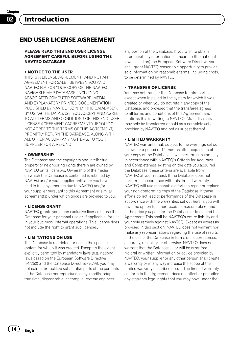 End user license agreement 14, 02 introduction | Pioneer AVIC-F8430BT User Manual | Page 14 / 104