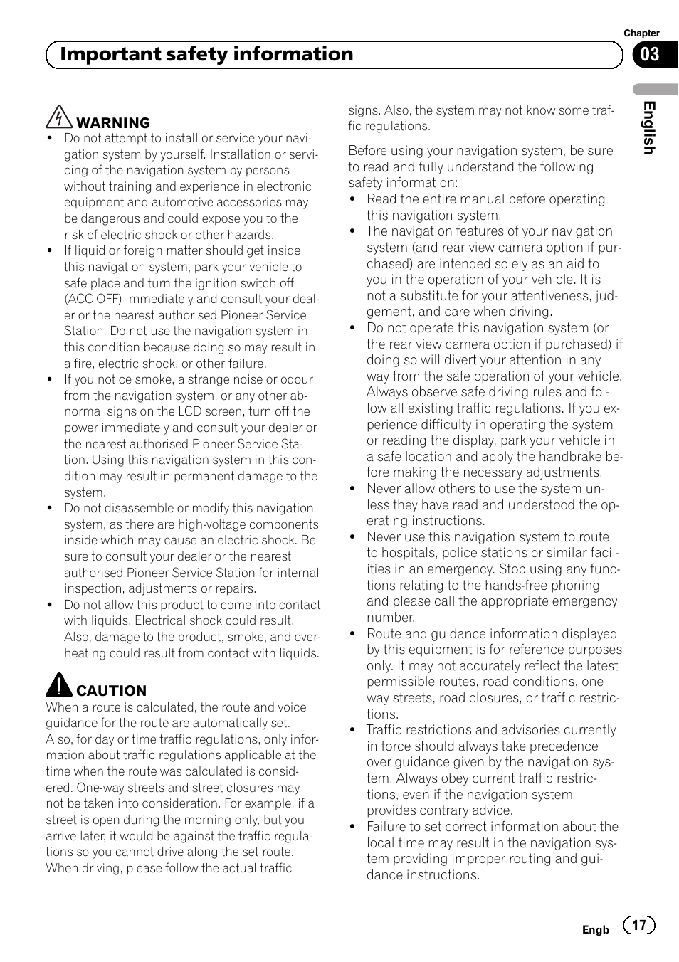 Important safety information, 03 important safety information | Pioneer AVIC-F8430BT User Manual | Page 17 / 104