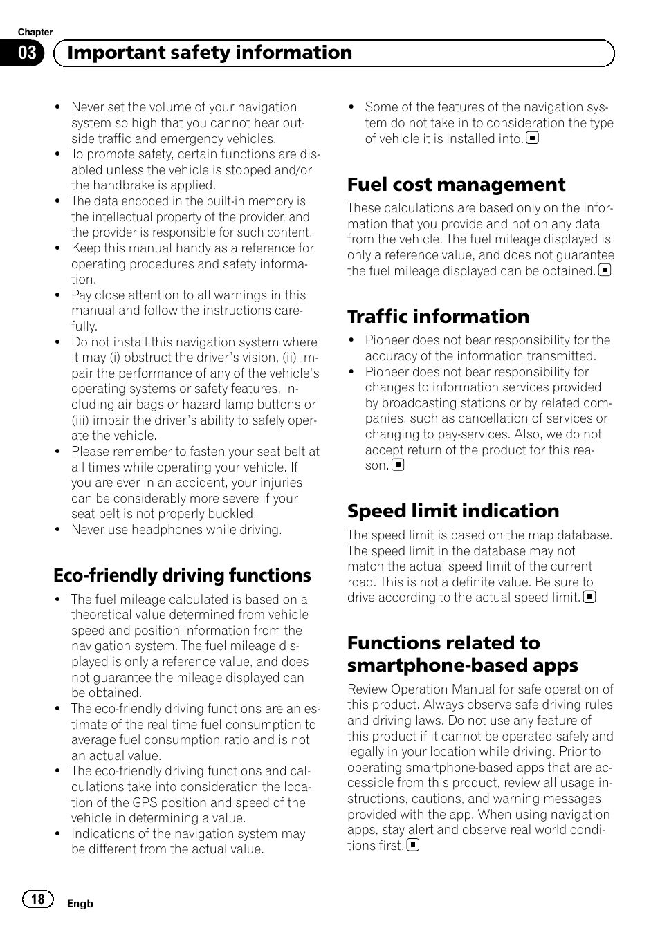 Eco-friendly driving functions, Fuel cost management, Traffic information | Speed limit indication, Functions related to smartphone-based, Apps, Functions related to smartphone-based apps, 03 important safety information | Pioneer AVIC-F8430BT User Manual | Page 18 / 104