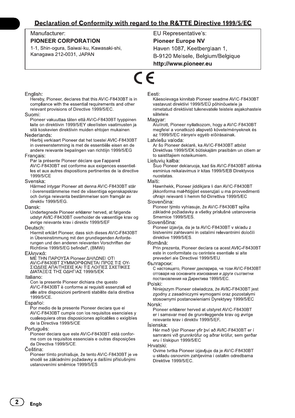 Pioneer AVIC-F8430BT User Manual | Page 2 / 104