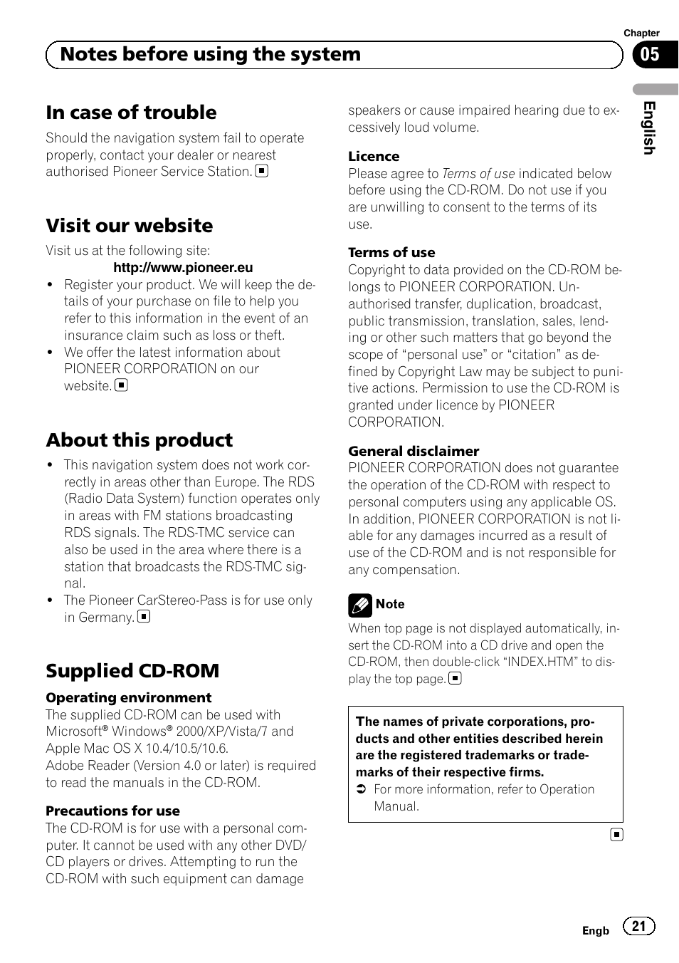 Notes before using the system in case of trouble, Visit our website, About this product | Supplied cd-rom | Pioneer AVIC-F8430BT User Manual | Page 21 / 104