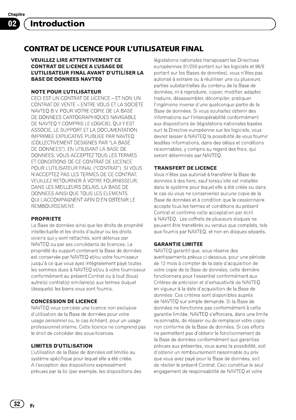 Contrat de licence pour, Utilisateur final 32, 02 introduction | Pioneer AVIC-F8430BT User Manual | Page 32 / 104