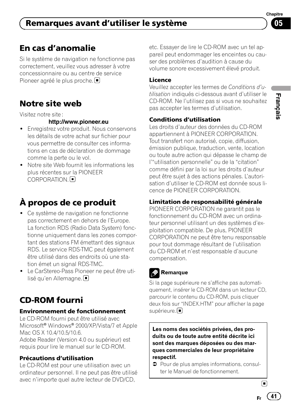 Remarques avant d, Utiliser le système, En cas d | Anomalie 41, Notre site web, À propos de ce produit, Cd-rom fourni, En cas d ’anomalie, 05 remarques avant d ’utiliser le système | Pioneer AVIC-F8430BT User Manual | Page 41 / 104