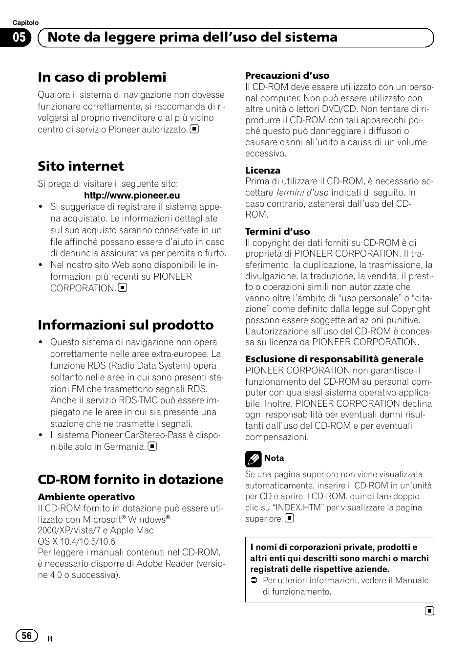 Note da leggere prima dell, Uso del, Sistema in caso di problemi | Sito internet, Informazioni sul prodotto, Cd-rom fornito in dotazione | Pioneer AVIC-F8430BT User Manual | Page 56 / 104