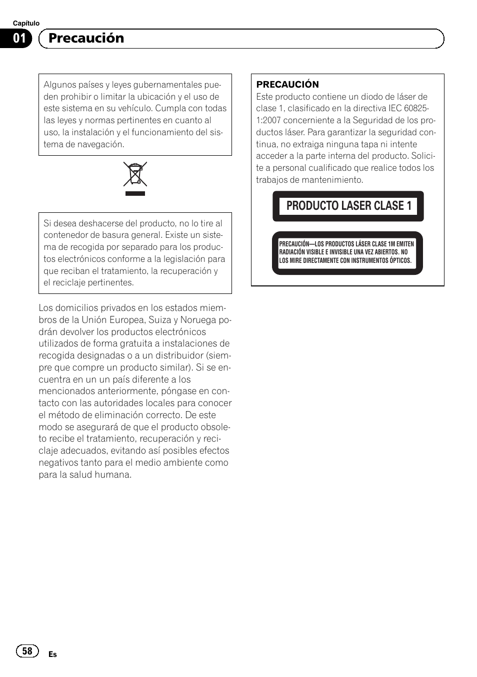Precaución, 01 precaución, Producto laser clase 1 | Pioneer AVIC-F8430BT User Manual | Page 58 / 104