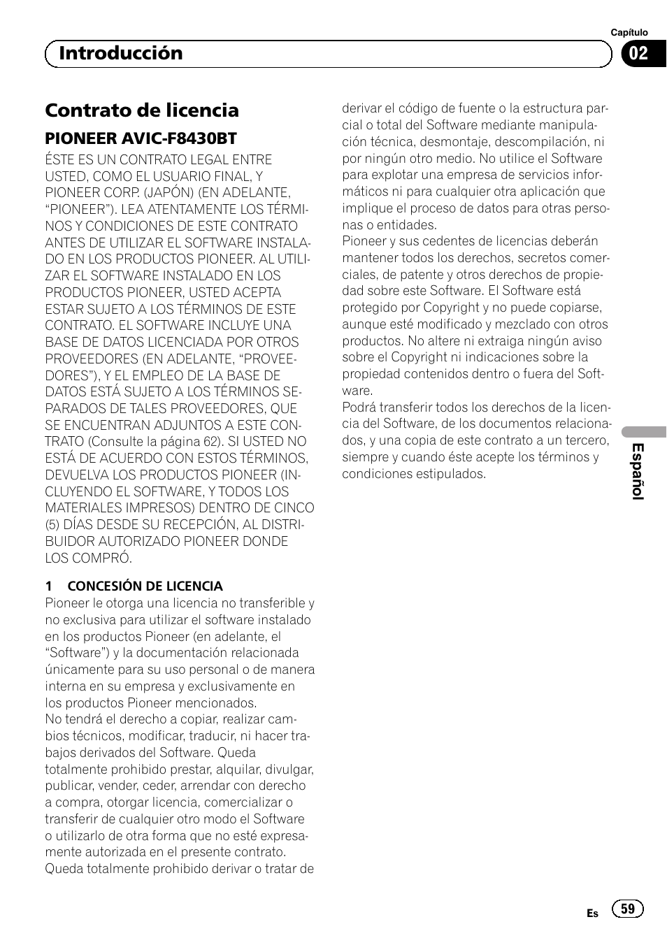 Introducción contrato de licencia, Pioneer avic-f8430bt 59, Contrato de licencia | 02 introducción | Pioneer AVIC-F8430BT User Manual | Page 59 / 104