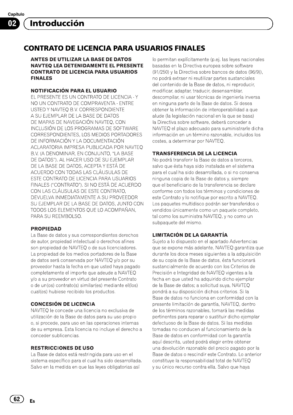 Contrato de licencia para, Usuarios finales, 02 introducción | Pioneer AVIC-F8430BT User Manual | Page 62 / 104