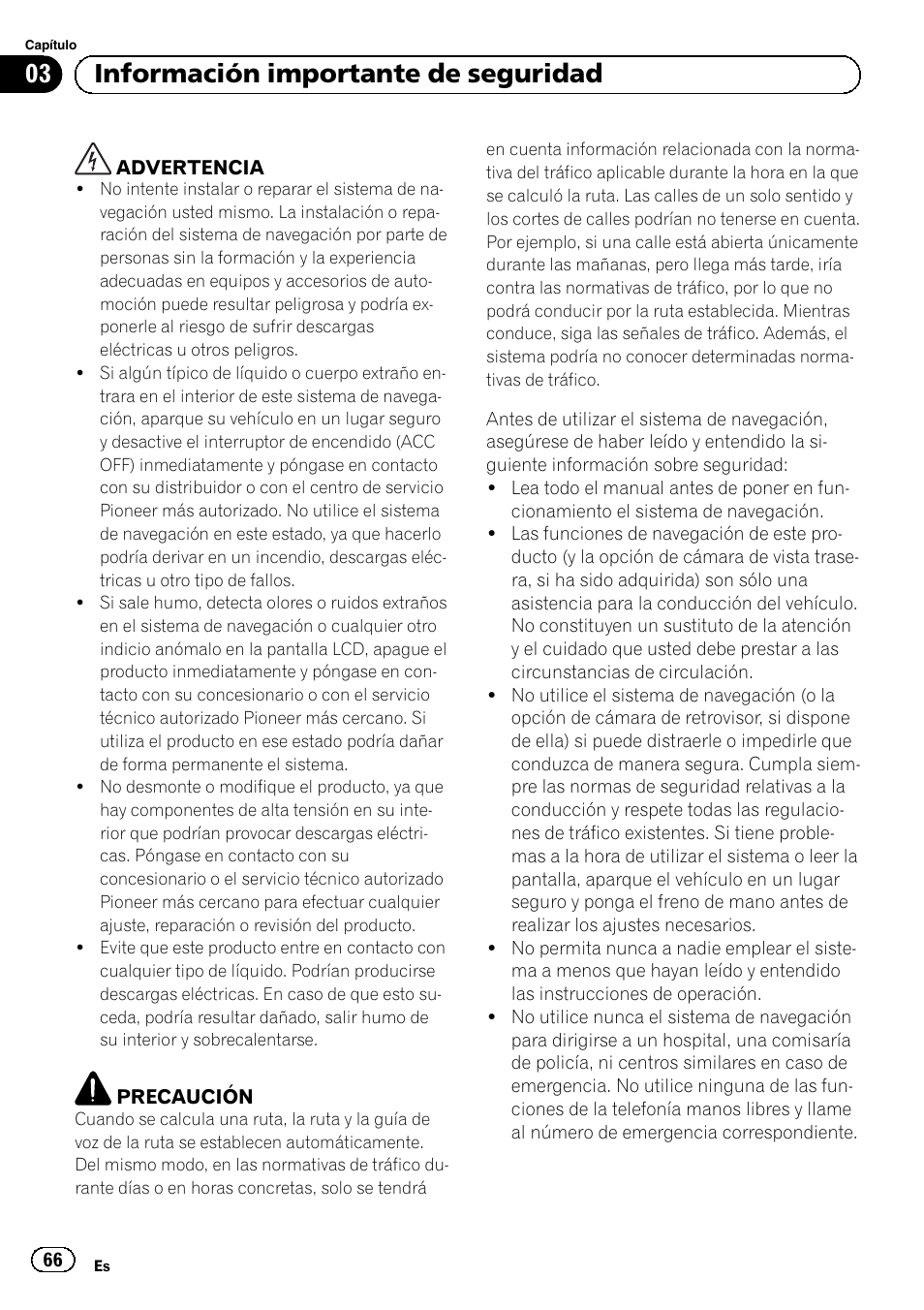 Información importante de seguridad, 03 información importante de seguridad | Pioneer AVIC-F8430BT User Manual | Page 66 / 104