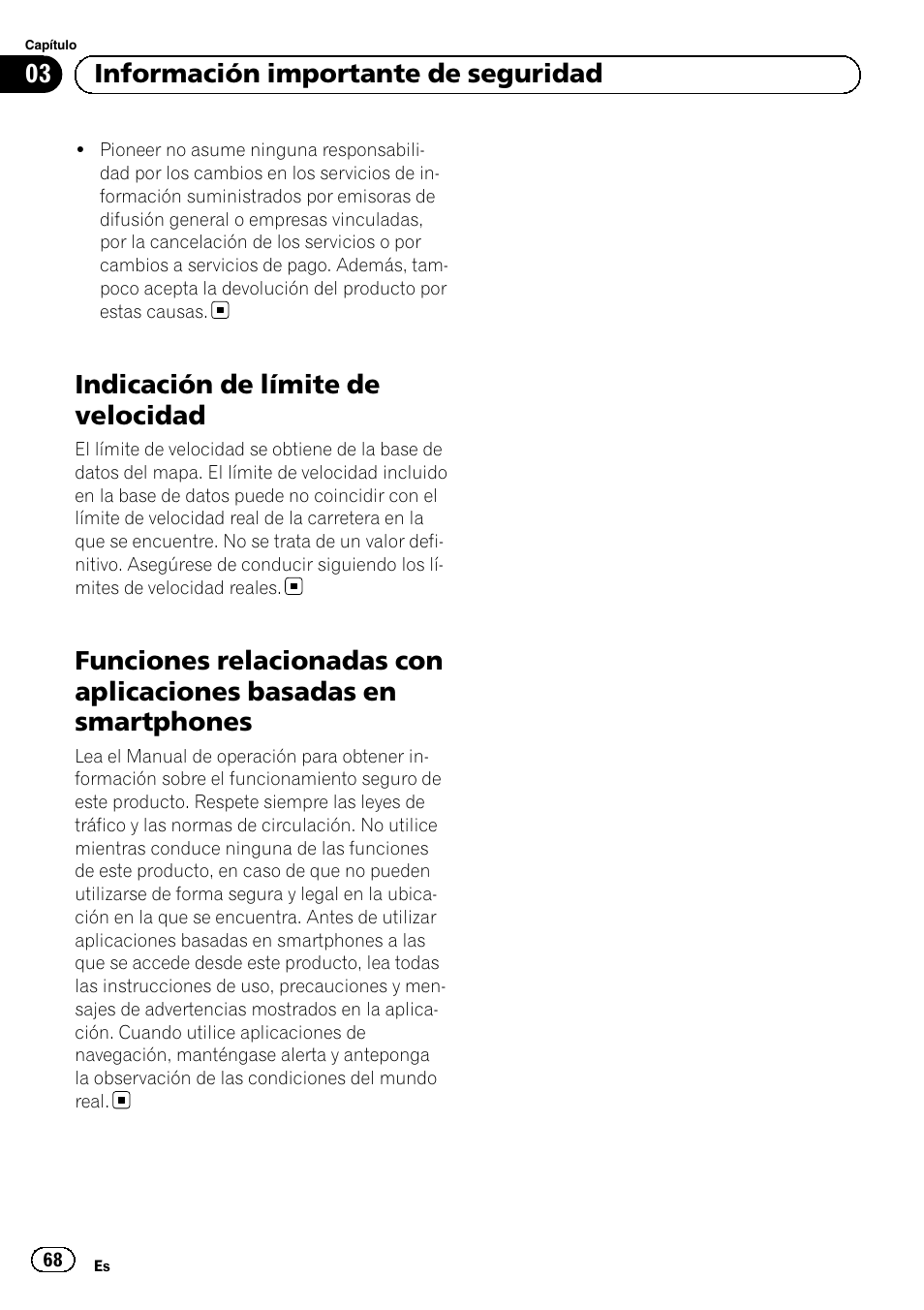Indicación de límite de velocidad, Funciones relacionadas con aplicaciones, Basadas en smartphones | 03 información importante de seguridad | Pioneer AVIC-F8430BT User Manual | Page 68 / 104