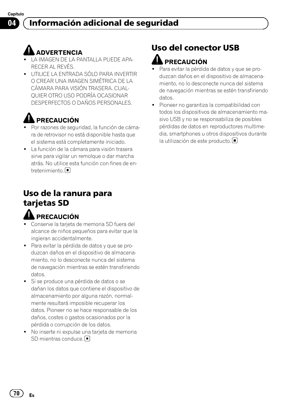 Uso de la ranura para tarjetas sd, Uso del conector usb, 04 información adicional de seguridad | Pioneer AVIC-F8430BT User Manual | Page 70 / 104