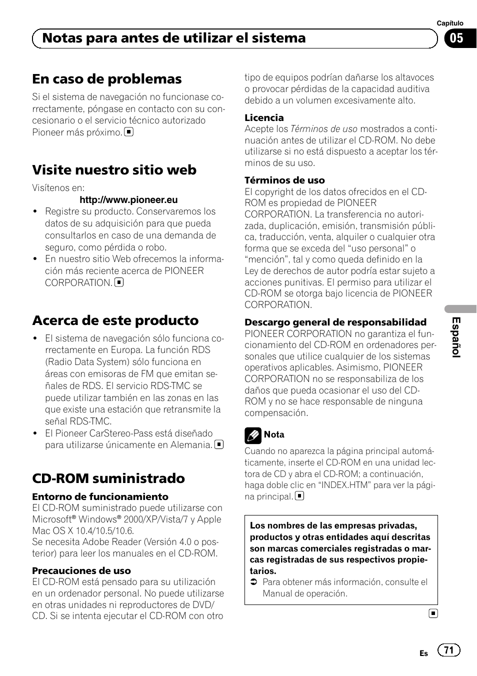Visite nuestro sitio web, Acerca de este producto, Cd-rom suministrado | En caso de problemas, 05 notas para antes de utilizar el sistema | Pioneer AVIC-F8430BT User Manual | Page 71 / 104