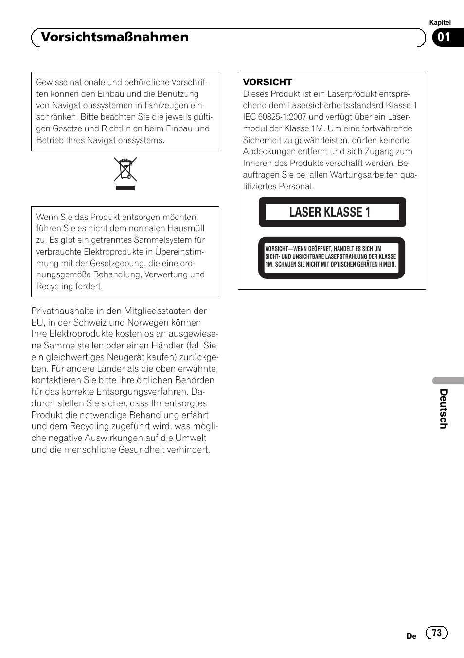 Vorsichtsmaßnahmen, Laser klasse 1, 01 vorsichtsmaßnahmen | Pioneer AVIC-F8430BT User Manual | Page 73 / 104