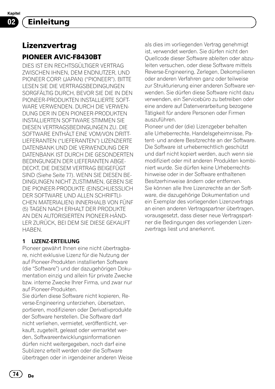 Einleitung lizenzvertrag, Pioneer avic-f8430bt 74, Lizenzvertrag | 02 einleitung | Pioneer AVIC-F8430BT User Manual | Page 74 / 104