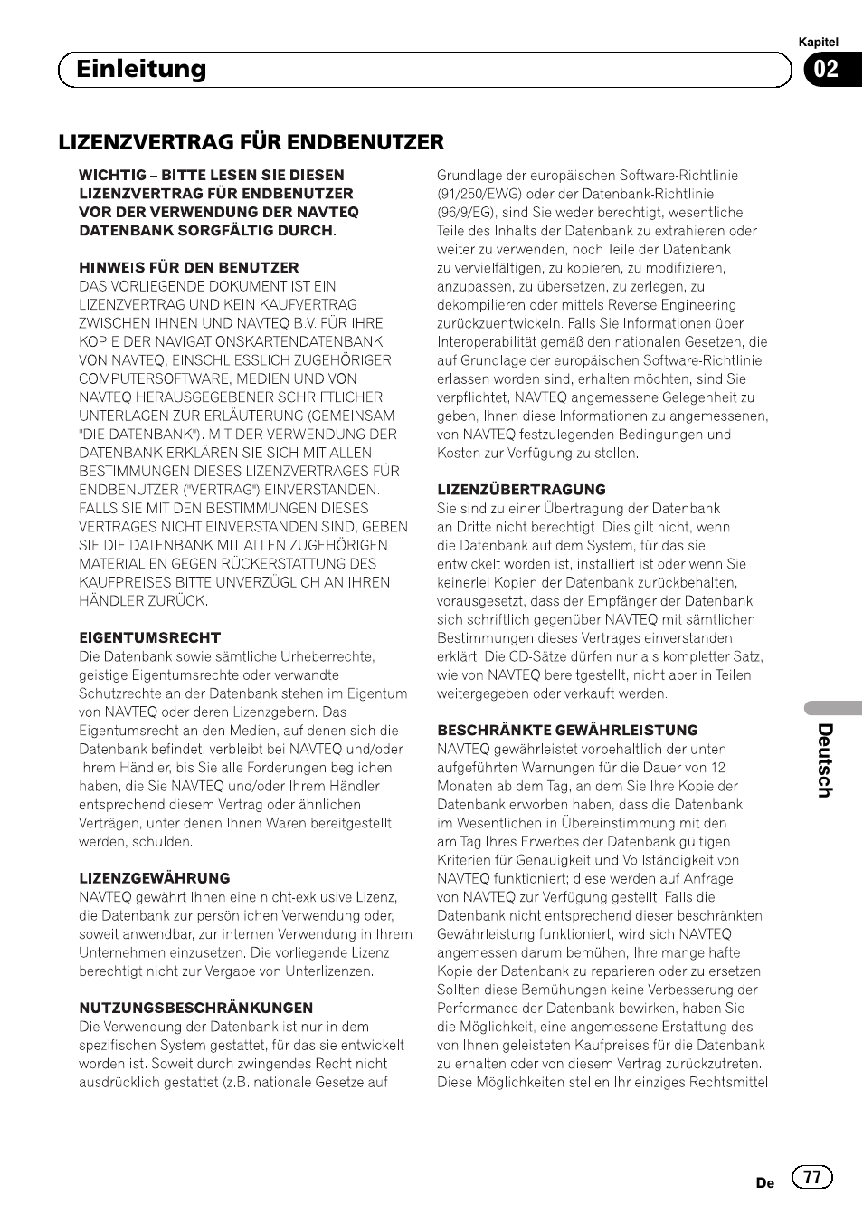 Lizenzvertrag für, Endbenutzer, 02 einleitung | Pioneer AVIC-F8430BT User Manual | Page 77 / 104