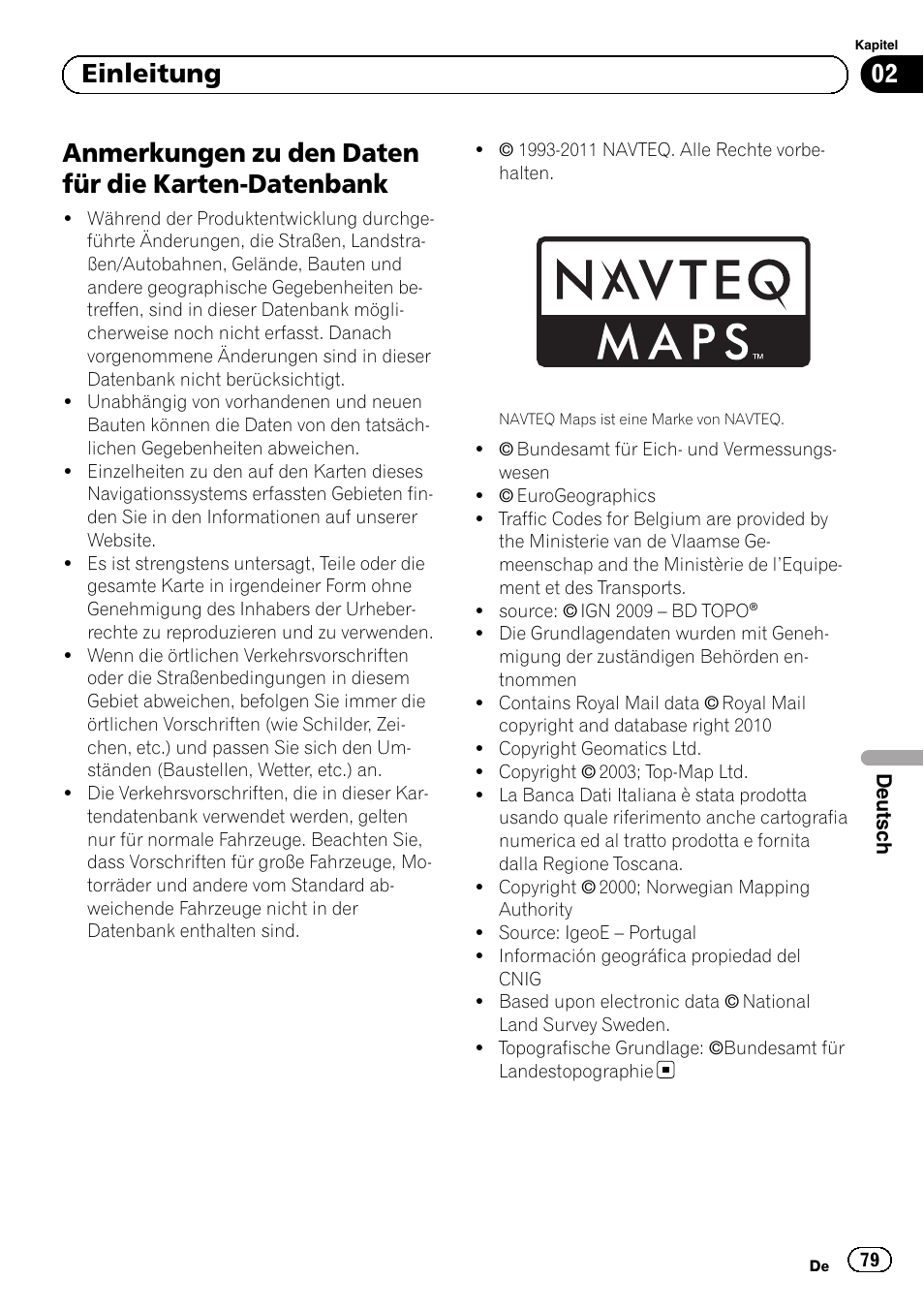 Anmerkungen zu den daten für die karten, Datenbank, Anmerkungen zu den daten für die karten-datenbank | 02 einleitung | Pioneer AVIC-F8430BT User Manual | Page 79 / 104