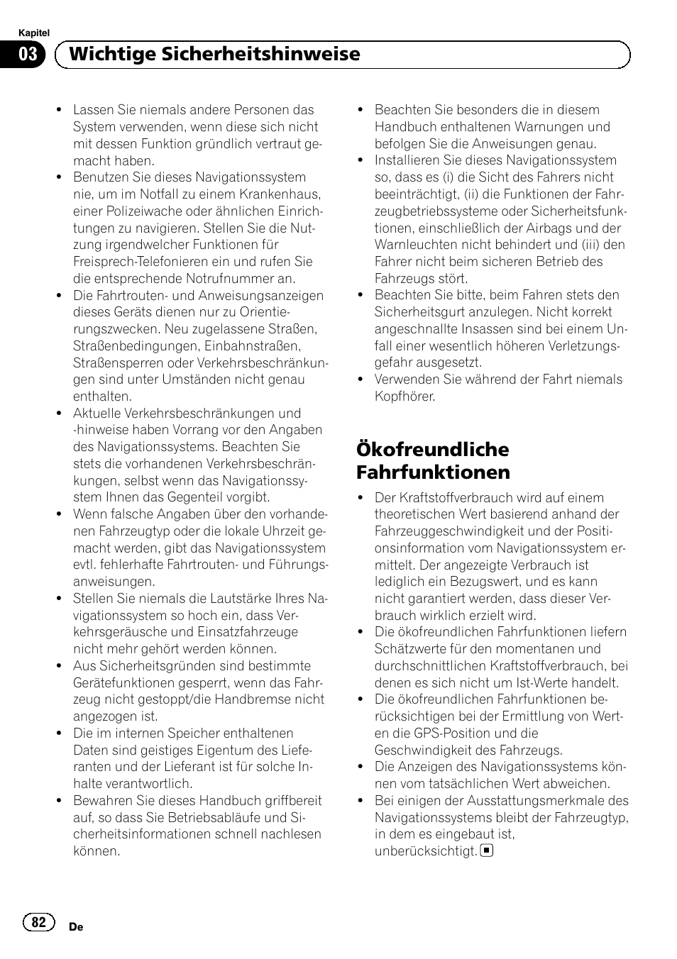 Ökofreundliche fahrfunktionen, 03 wichtige sicherheitshinweise | Pioneer AVIC-F8430BT User Manual | Page 82 / 104