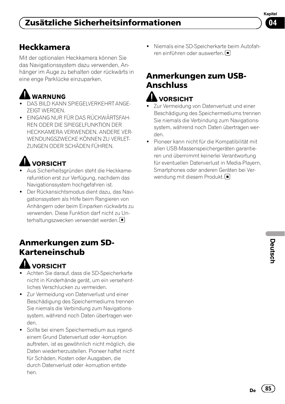 Heckkamera, Anmerkungen zum sd-karteneinschub, Anmerkungen zum usb-anschluss | Anmerkungen zum sd- karteneinschub, Anmerkungen zum usb- anschluss, 04 zusätzliche sicherheitsinformationen | Pioneer AVIC-F8430BT User Manual | Page 85 / 104