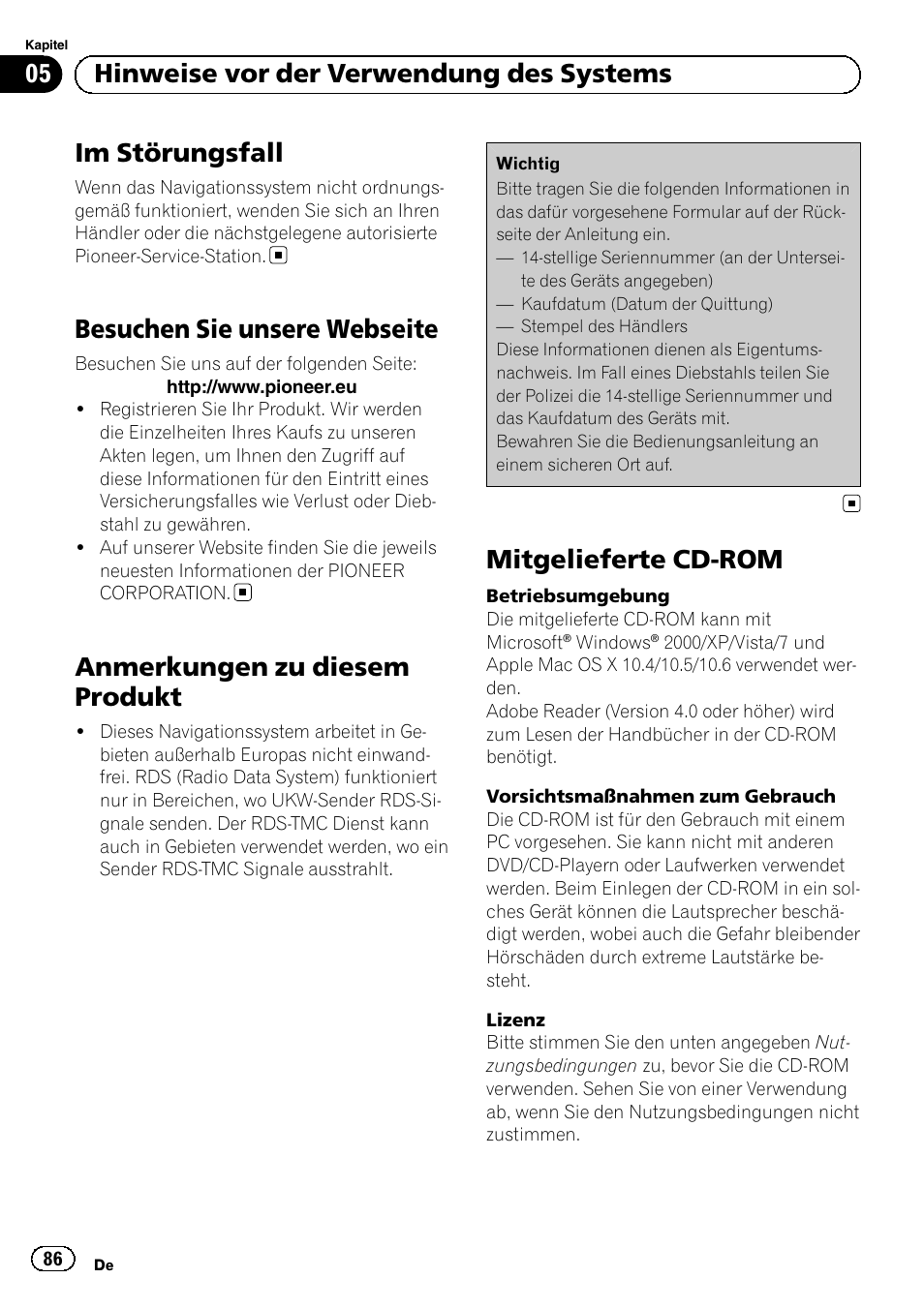 Besuchen sie unsere webseite, Anmerkungen zu diesem produkt, Mitgelieferte cd-rom | Im störungsfall, 05 hinweise vor der verwendung des systems | Pioneer AVIC-F8430BT User Manual | Page 86 / 104