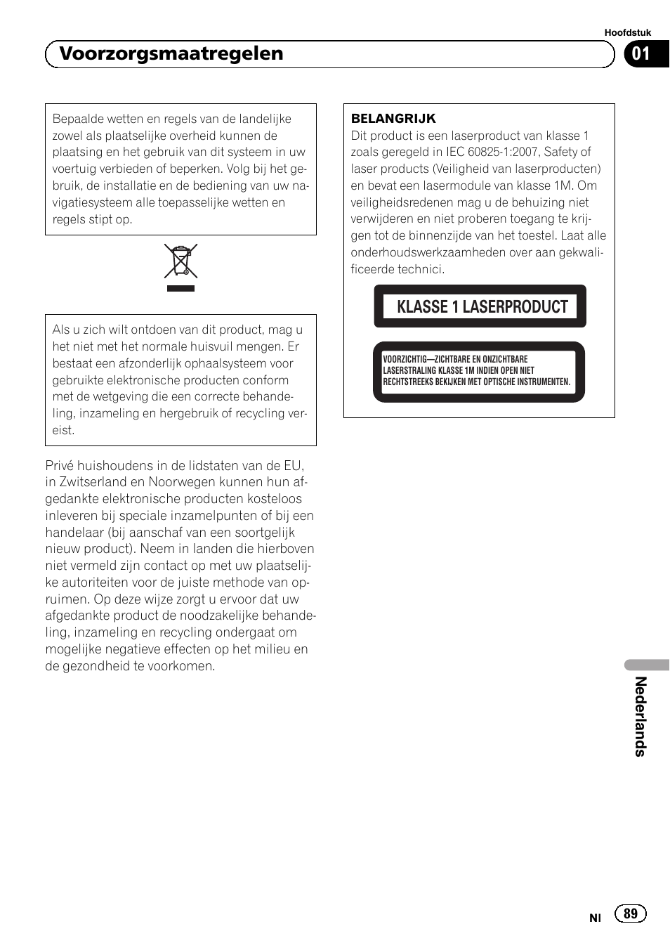 Voorzorgsmaatregelen, 01 voorzorgsmaatregelen, Klasse 1 laserproduct | Pioneer AVIC-F8430BT User Manual | Page 89 / 104