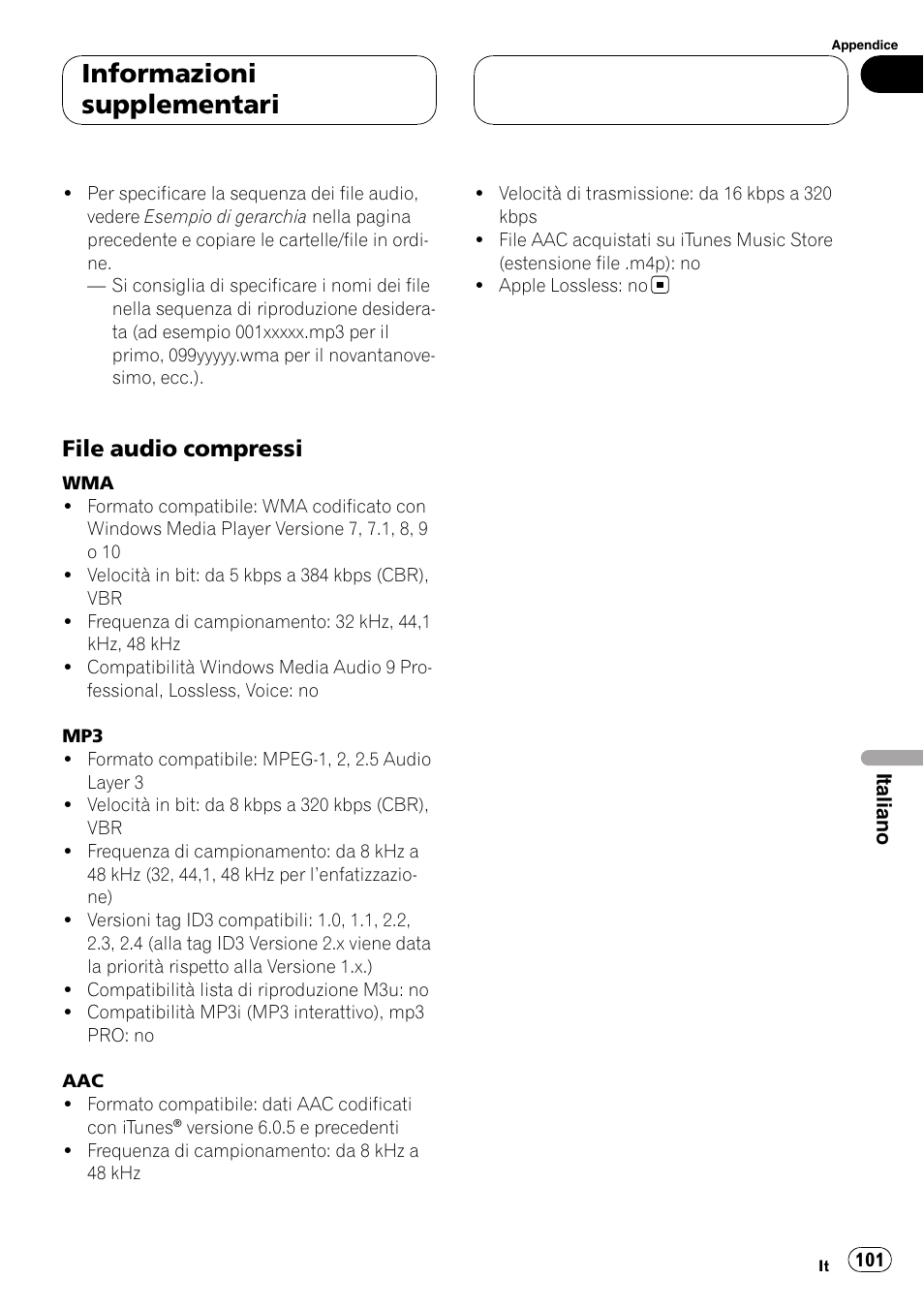File audio compressi 101, Informazioni supplementari, File audio compressi | Pioneer CD-UB100 User Manual | Page 101 / 103