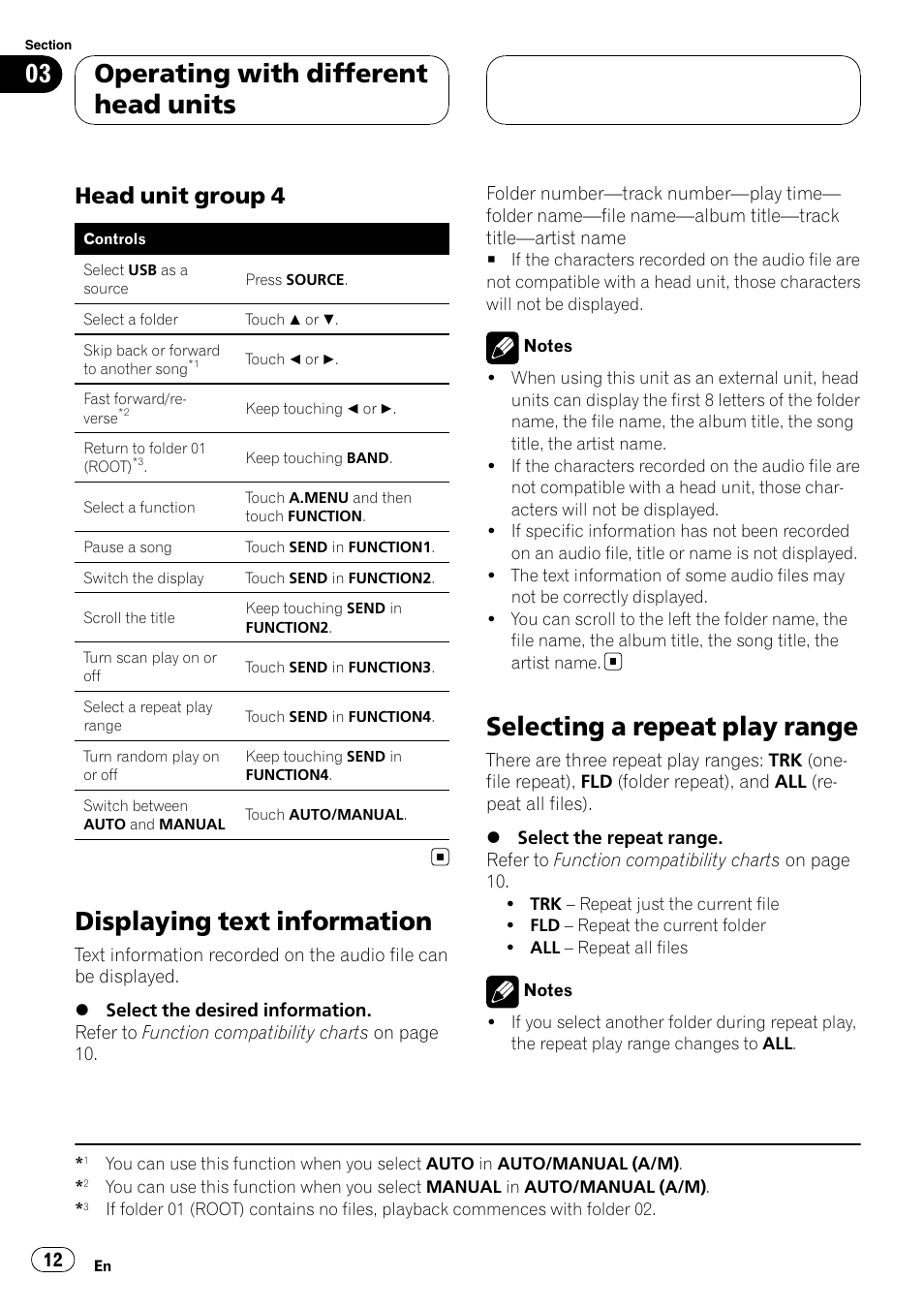 Head unit group 4 12, Displaying text information, Selecting a repeat play range | Operating with different head units, Head unit group 4 | Pioneer CD-UB100 User Manual | Page 12 / 103