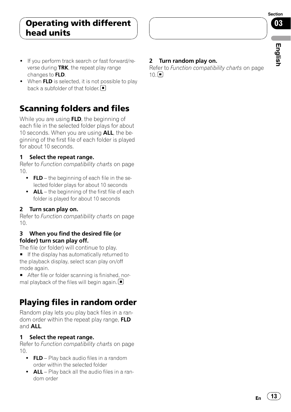 Scanning folders and files, Playing files in random order, Operating with different head units | Pioneer CD-UB100 User Manual | Page 13 / 103