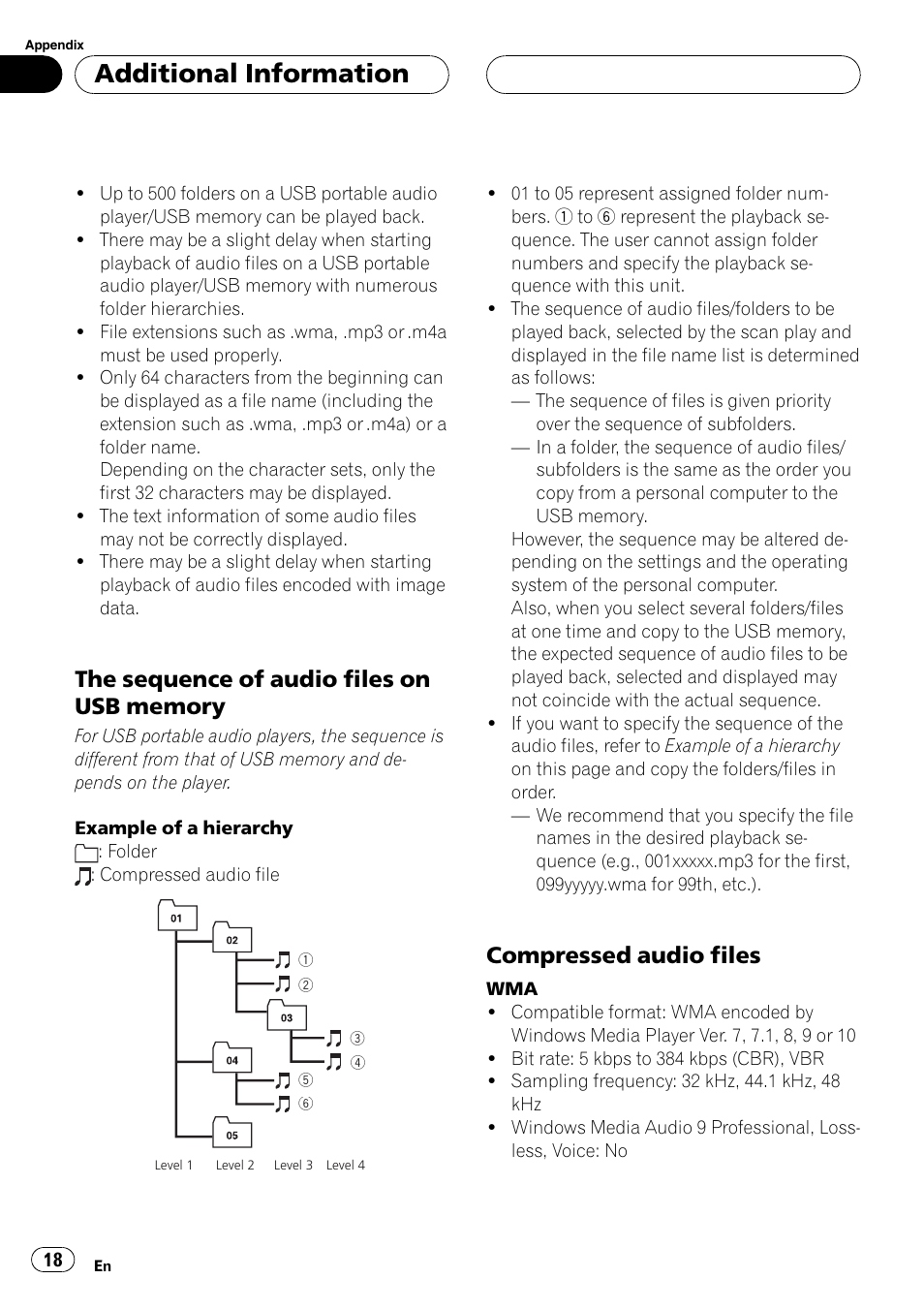 The sequence of audio files on usb, Memory, Compressed audio files 18 | Additional information, Compressed audio files | Pioneer CD-UB100 User Manual | Page 18 / 103