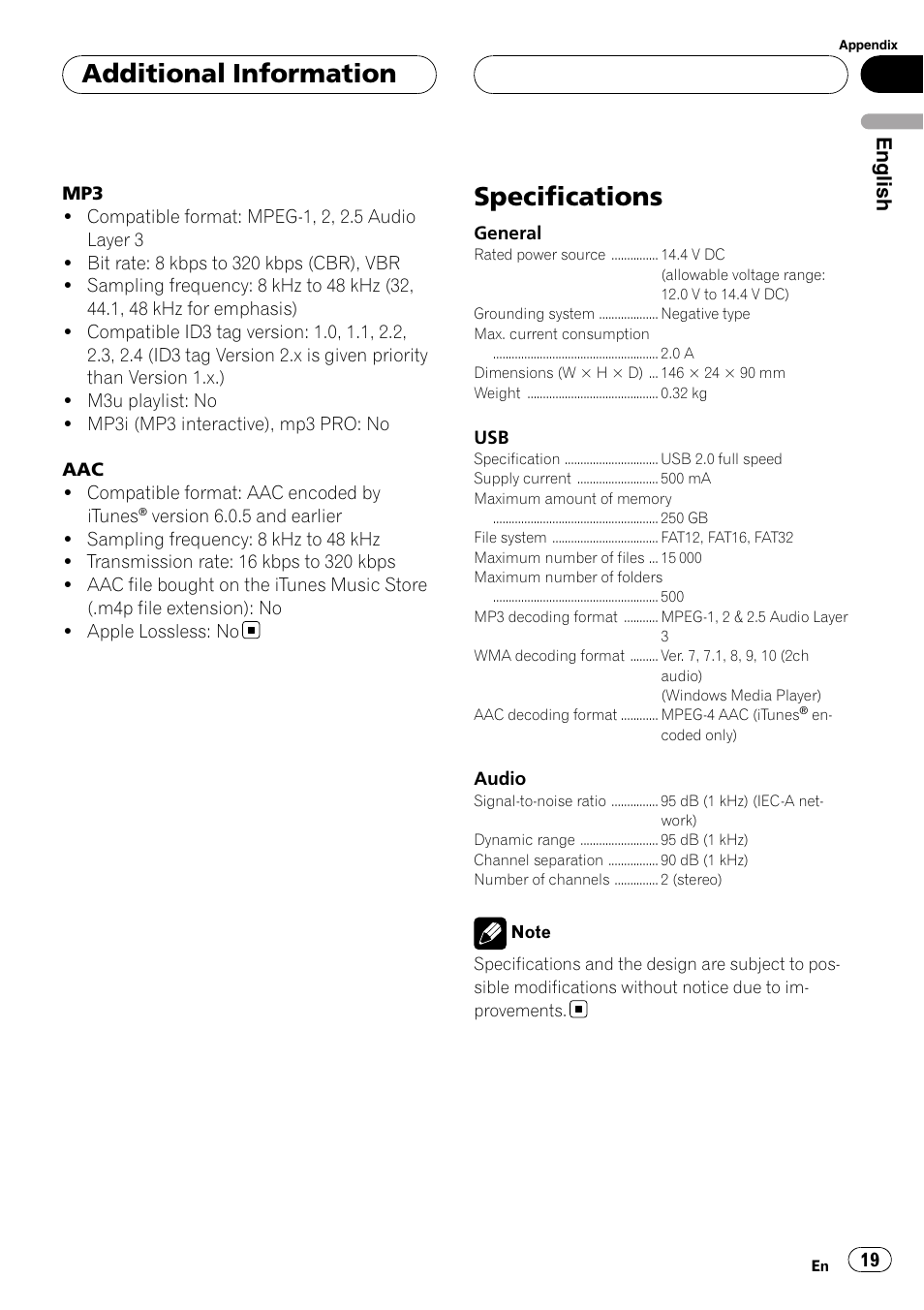 Specifications, Additional information, English | Pioneer CD-UB100 User Manual | Page 19 / 103