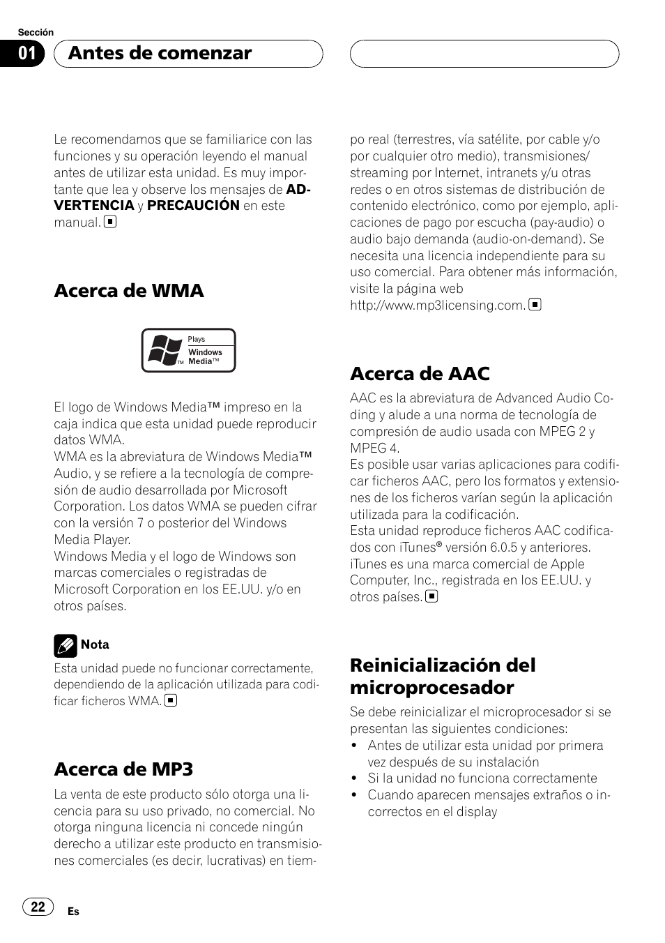 Acerca de wma, Acerca de mp3, Acerca de aac | Reinicialización del microprocesador, Antes de comenzar | Pioneer CD-UB100 User Manual | Page 22 / 103