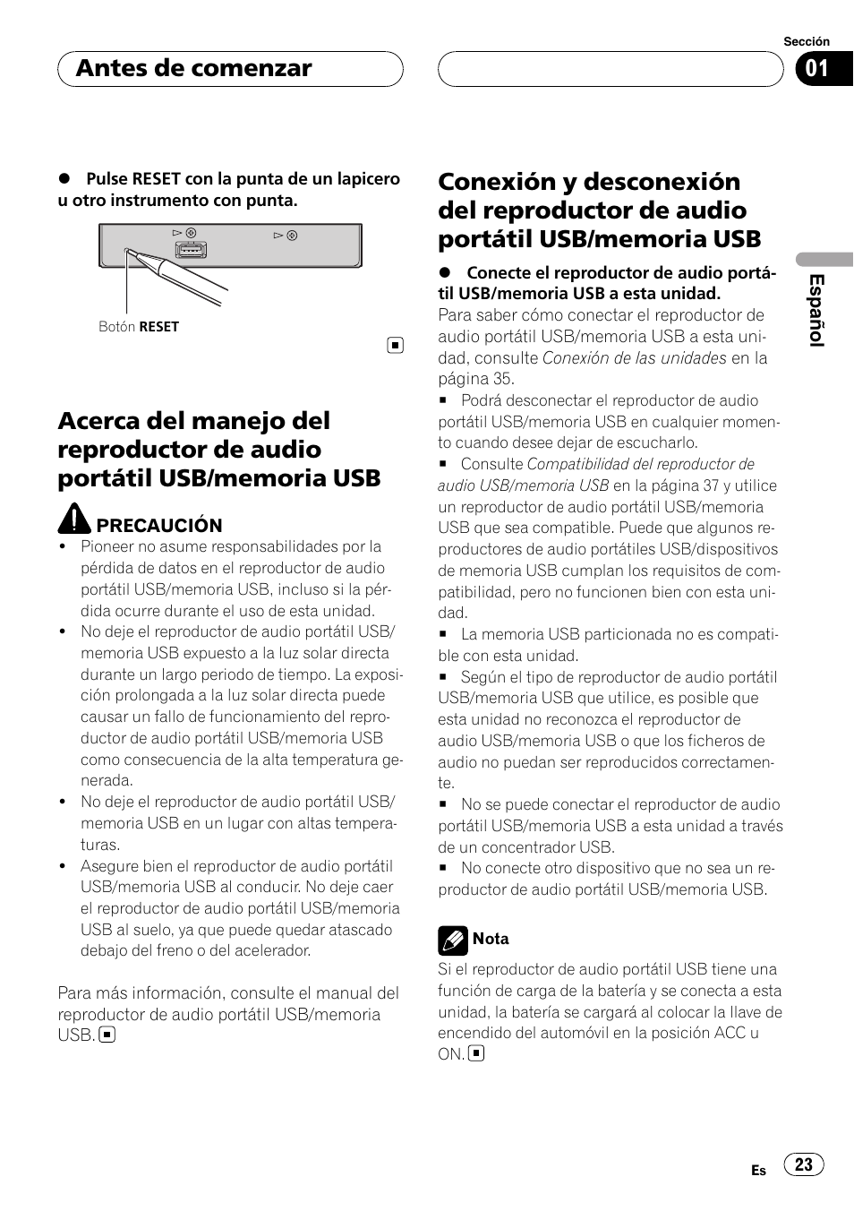 Acerca del manejo del reproductor de audio, Portátil usb/memoria usb, Conexión y desconexión del reproductor de | Audio portátil usb/memoria usb, Antes de comenzar | Pioneer CD-UB100 User Manual | Page 23 / 103