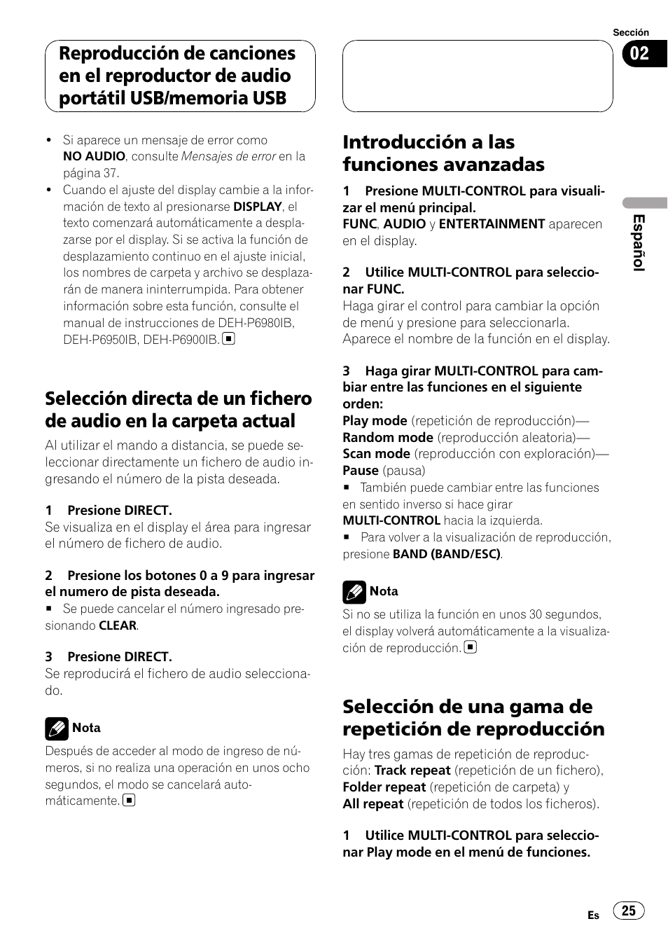 Selección directa de un fichero de audio en, La carpeta actual, Introducción a las funciones avanzadas | Selección de una gama de repetición de, Reproducción | Pioneer CD-UB100 User Manual | Page 25 / 103