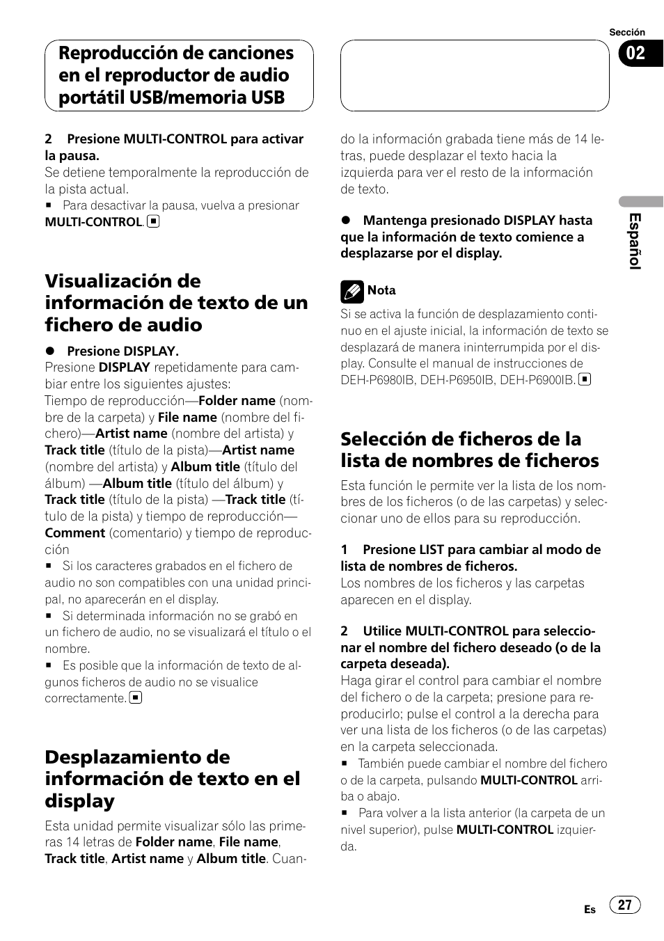 Visualización de información de texto de un, Fichero de audio, Desplazamiento de información de texto en | El display, Selección de ficheros de la lista de nombres, De ficheros | Pioneer CD-UB100 User Manual | Page 27 / 103