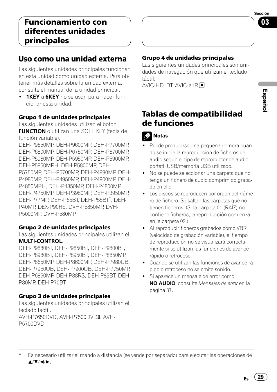 Tablas de compatibilidad de funciones, Uso como una unidad externa, Funcionamiento con diferentes unidades principales | Pioneer CD-UB100 User Manual | Page 29 / 103