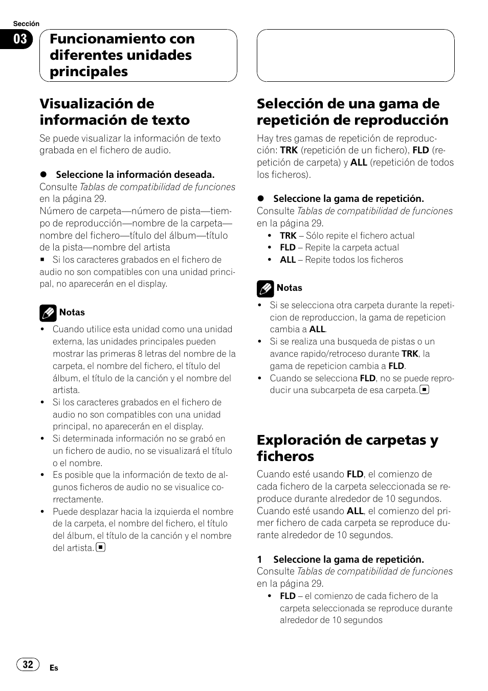 Visualización de información de texto, Selección de una gama de repetición de, Reproducción | Exploración de carpetas y ficheros, Funcionamiento con diferentes unidades principales | Pioneer CD-UB100 User Manual | Page 32 / 103