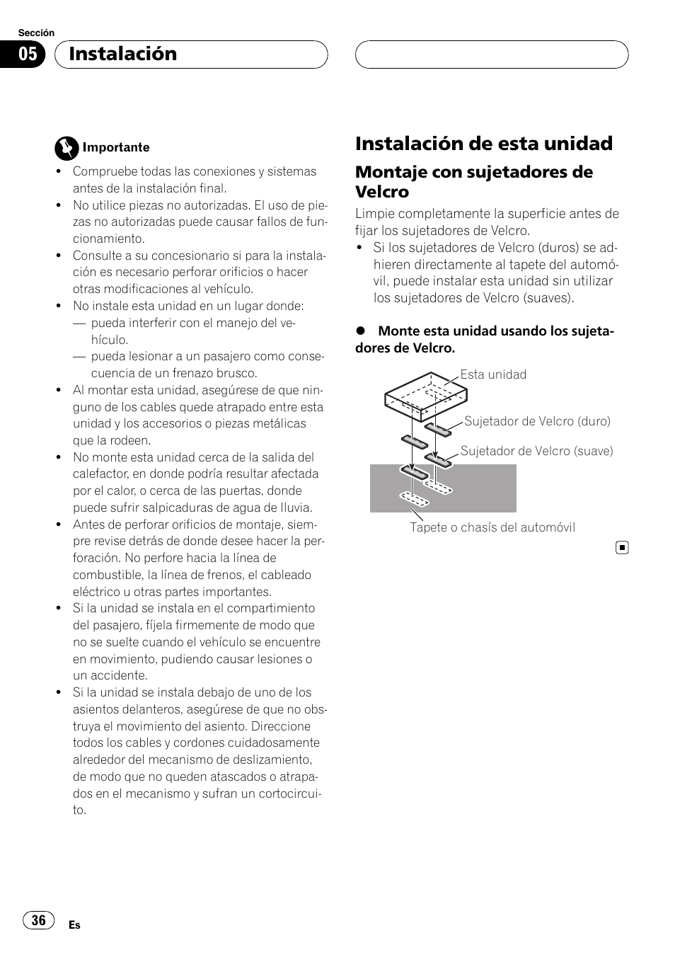 Instalación instalación de esta unidad, Montaje con sujetadores de velcro 36, Instalación de esta unidad | Instalación, Montaje con sujetadores de velcro | Pioneer CD-UB100 User Manual | Page 36 / 103