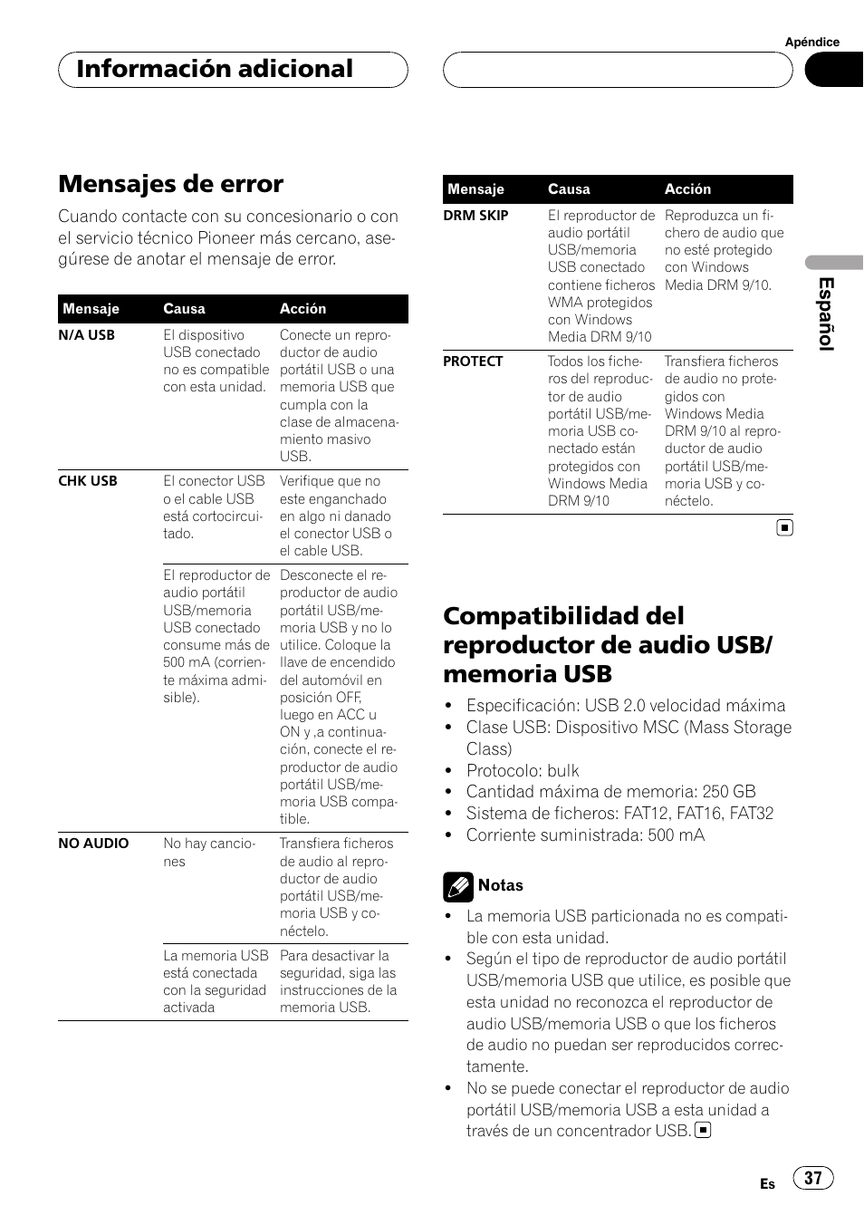 Información adicional mensajes de error, Compatibilidad del reproductor de audio, Usb/memoria usb | Mensajes de error, Información adicional, Español | Pioneer CD-UB100 User Manual | Page 37 / 103