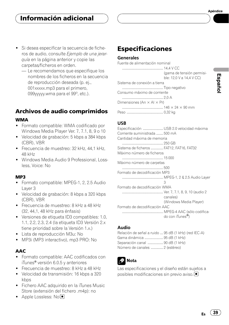 Archivos de audio comprimidos 39, Especificaciones, Información adicional | Archivos de audio comprimidos, Español | Pioneer CD-UB100 User Manual | Page 39 / 103