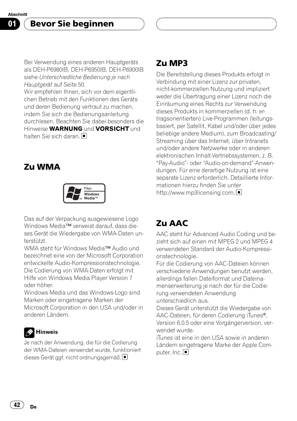 Zu wma, Zu mp3, Zu aac | Bevor sie beginnen | Pioneer CD-UB100 User Manual | Page 42 / 103