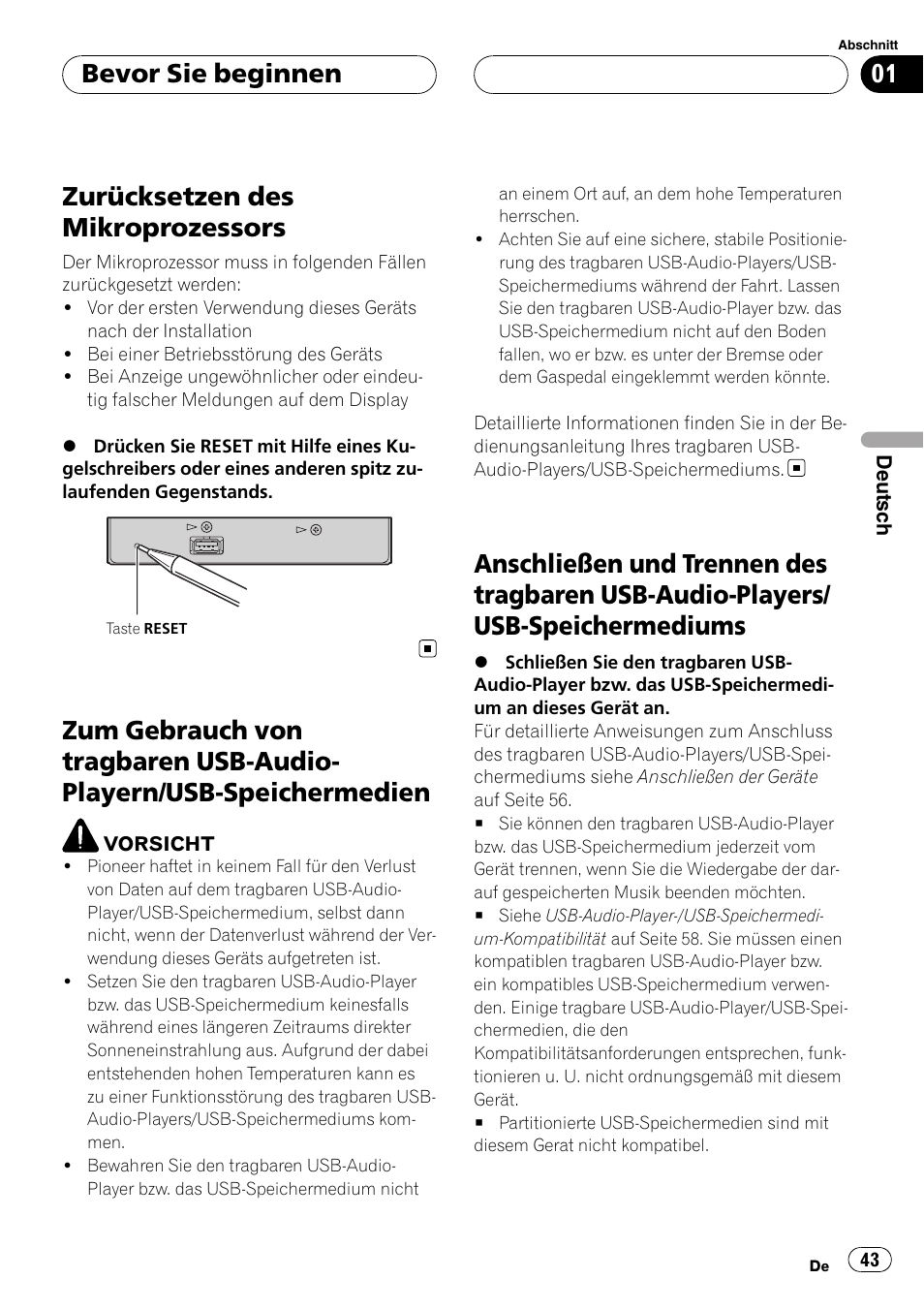 Zurücksetzen des mikroprozessors, Zum gebrauch von tragbaren usb-audio, Playern/usb-speichermedien | Anschließen und trennen des tragbaren, Usb-audio-players/usb- speichermediums, Bevor sie beginnen | Pioneer CD-UB100 User Manual | Page 43 / 103