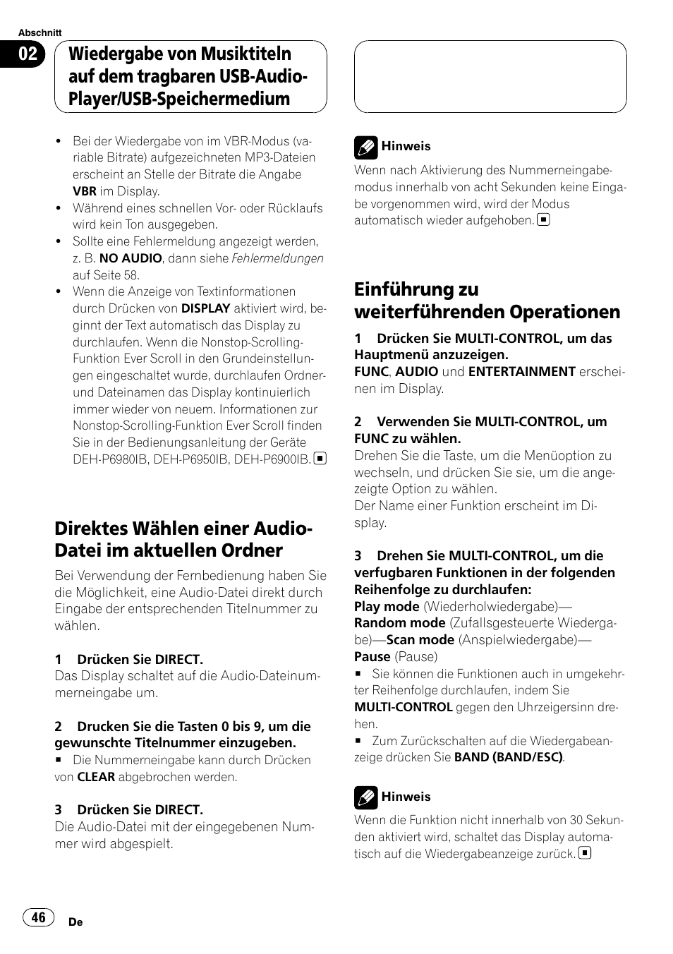 Direktes wählen einer audio-datei im, Aktuellen ordner, Einführung zu weiterführenden | Operationen, Einführung zu weiterführenden operationen | Pioneer CD-UB100 User Manual | Page 46 / 103