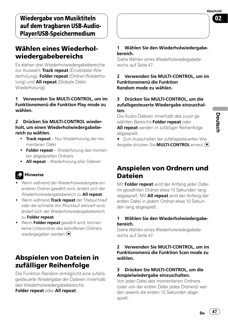 Wählen eines, Wiederholwiedergabebereichs, Abspielen von dateien in zufälliger | Reihenfolge, Anspielen von ordnern und dateien, Wählen eines wiederhol- wiedergabebereichs, Abspielen von dateien in zufälliger reihenfolge | Pioneer CD-UB100 User Manual | Page 47 / 103