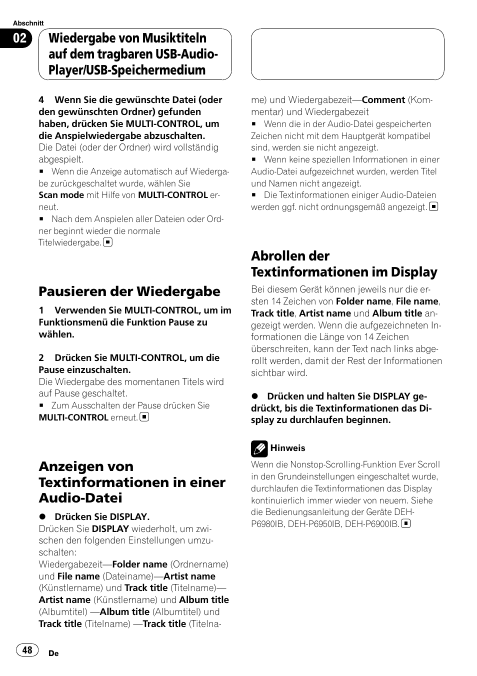 Pausieren der wiedergabe, Anzeigen von textinformationen in einer, Audio-datei | Abrollen der textinformationen im, Display, Abrollen der textinformationen im display | Pioneer CD-UB100 User Manual | Page 48 / 103