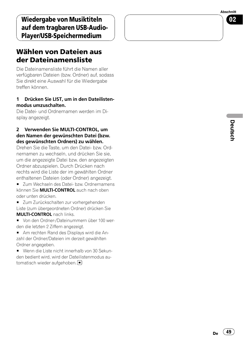 Wählen von dateien aus der, Dateinamensliste, Wählen von dateien aus der dateinamensliste | Pioneer CD-UB100 User Manual | Page 49 / 103