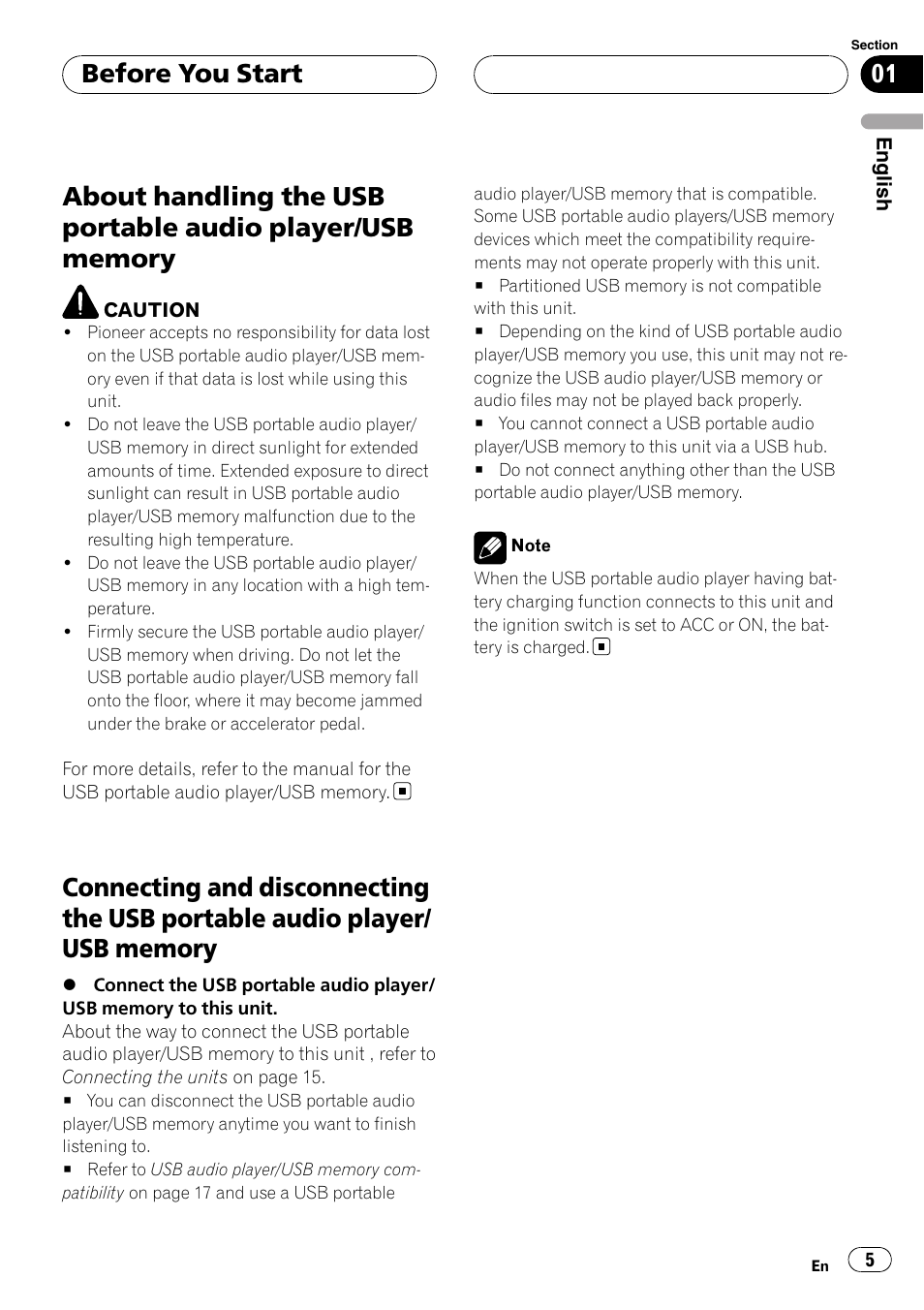 About handling the usb portable audio, Player/usb memory, Connecting and disconnecting the usb | Portable audio player/usb memory, Before you start | Pioneer CD-UB100 User Manual | Page 5 / 103