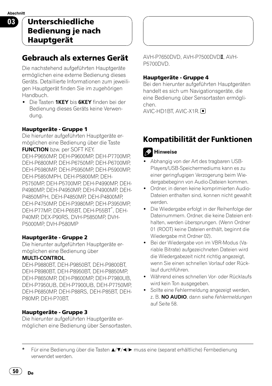 Kompatibilität der funktionen, Gebrauch als externes gerät, Unterschiedliche bedienung je nach hauptgerät | Pioneer CD-UB100 User Manual | Page 50 / 103