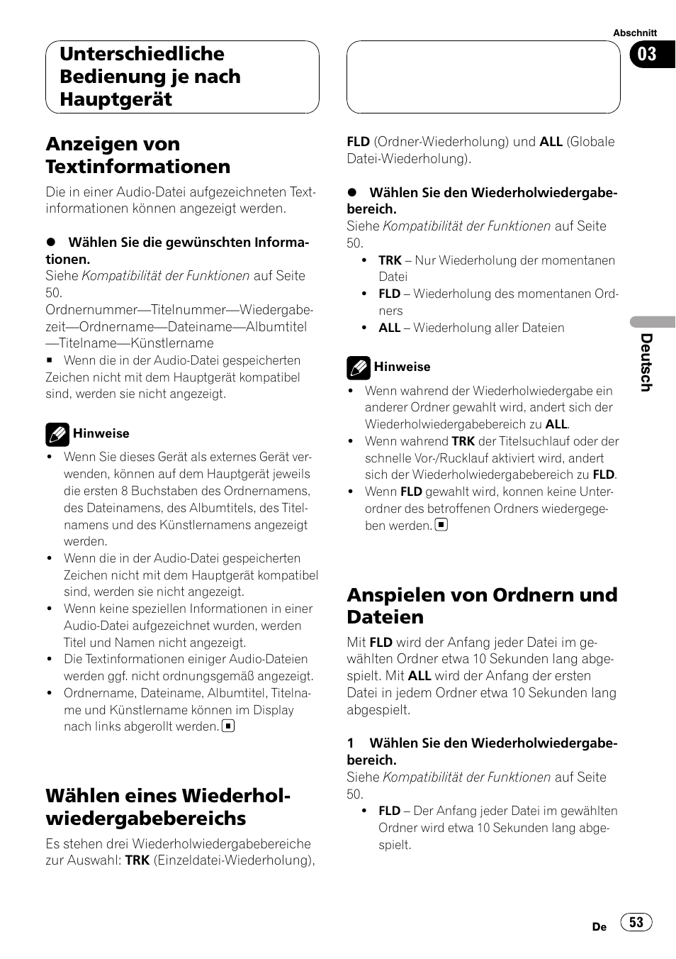 Anzeigen von textinformationen, Wählen eines, Wiederholwiedergabebereichs | Anspielen von ordnern und dateien, Wählen eines wiederhol- wiedergabebereichs, Unterschiedliche bedienung je nach hauptgerät | Pioneer CD-UB100 User Manual | Page 53 / 103