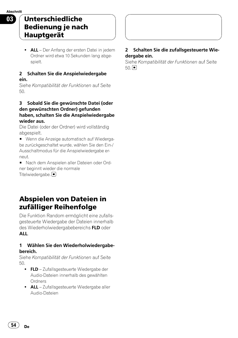 Abspielen von dateien in zufälliger, Reihenfolge, Abspielen von dateien in zufälliger reihenfolge | Unterschiedliche bedienung je nach hauptgerät | Pioneer CD-UB100 User Manual | Page 54 / 103