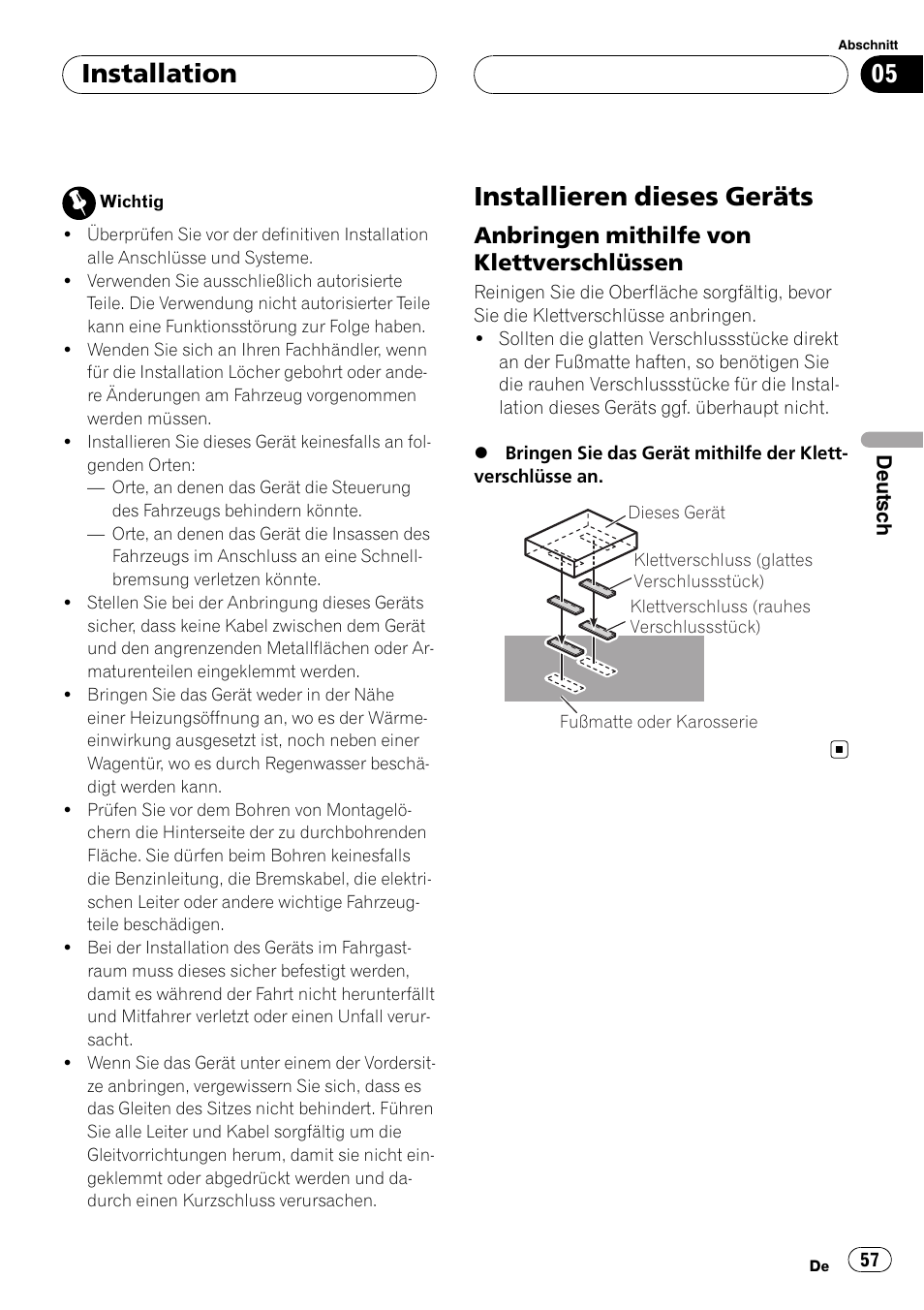 Installation installieren dieses geräts, Anbringen mithilfe von, Klettverschlüssen | Installieren dieses geräts, Installation, Anbringen mithilfe von klettverschlüssen | Pioneer CD-UB100 User Manual | Page 57 / 103