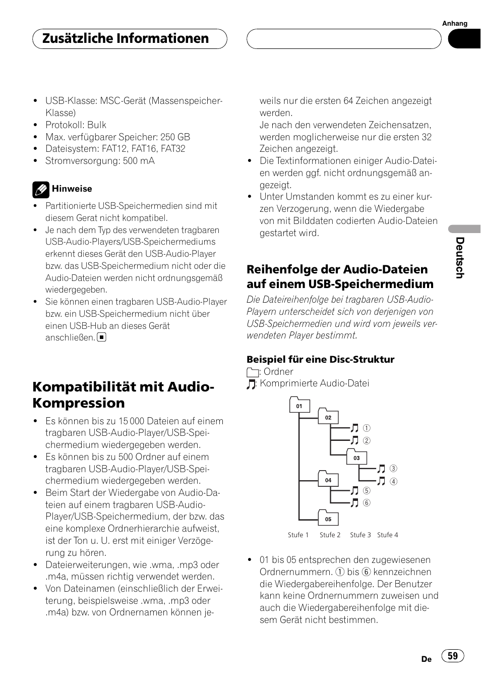 Kompatibilität mit audio-kompression, Reihenfolge der audio-dateien auf, Einem usb-speichermedium | Kompatibilität mit audio- kompression, Zusätzliche informationen | Pioneer CD-UB100 User Manual | Page 59 / 103